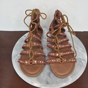 TOP Moda Sandals Womens 8.5 Brown Gladiator Strappy Lace Up Boho Zip Back Flat